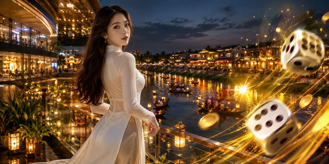 Cảnh làng Hội An với trò chơi Tài Xỉu và người dùng đăng nhập