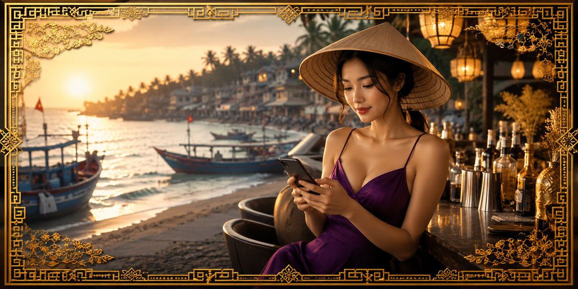 Người dùng tại Mũi Né chơi game và theo dõi kèo thể thao dưới nón lá truyền thống