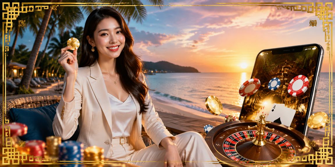 Người dùng thư giãn tại bãi biển Phú Quốc và sử dụng điện thoại chơi casino một cách có kiểm soát